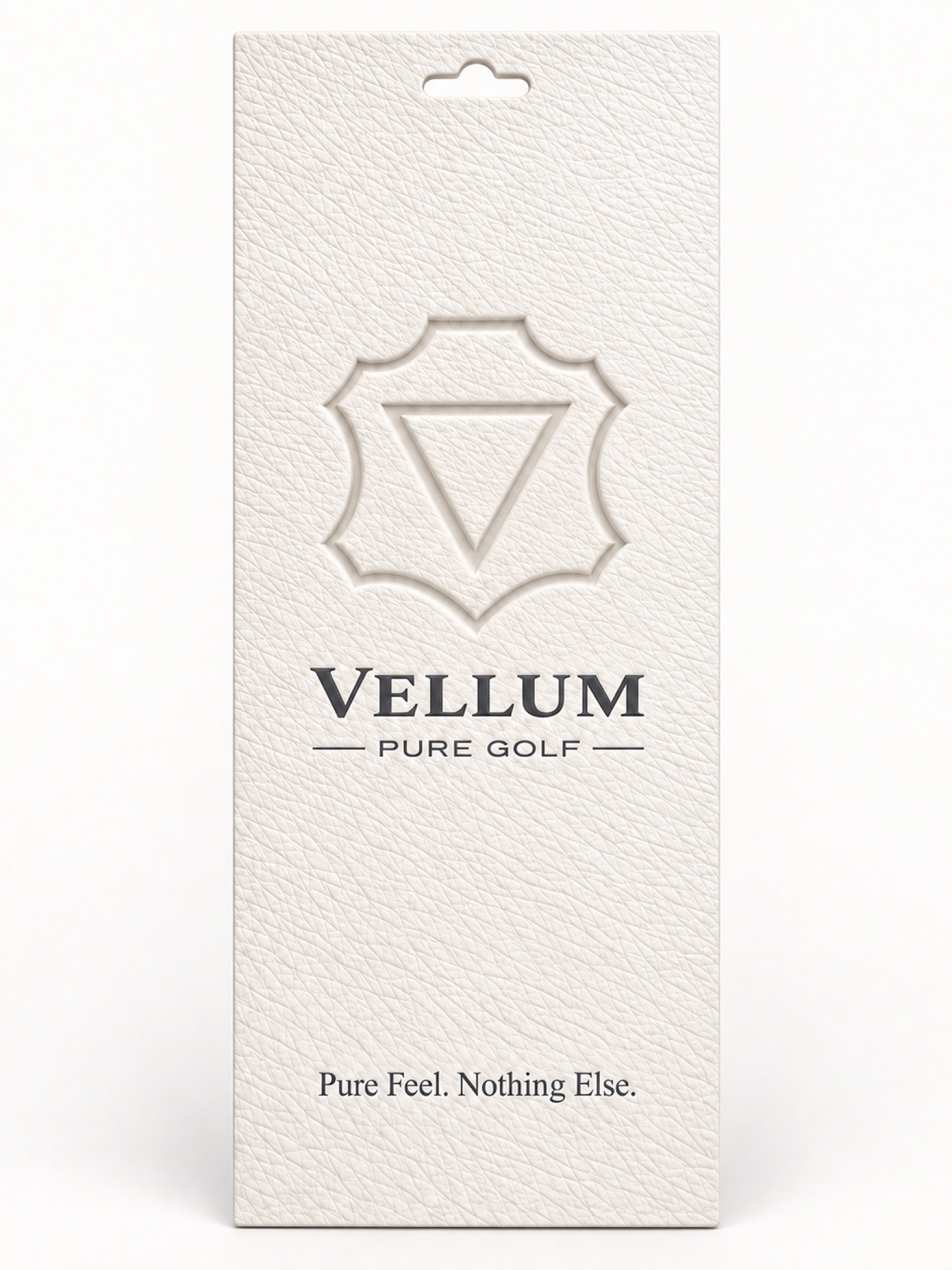 Ivory leather-textured Vellum Pure glove envelope with a large debossed crest