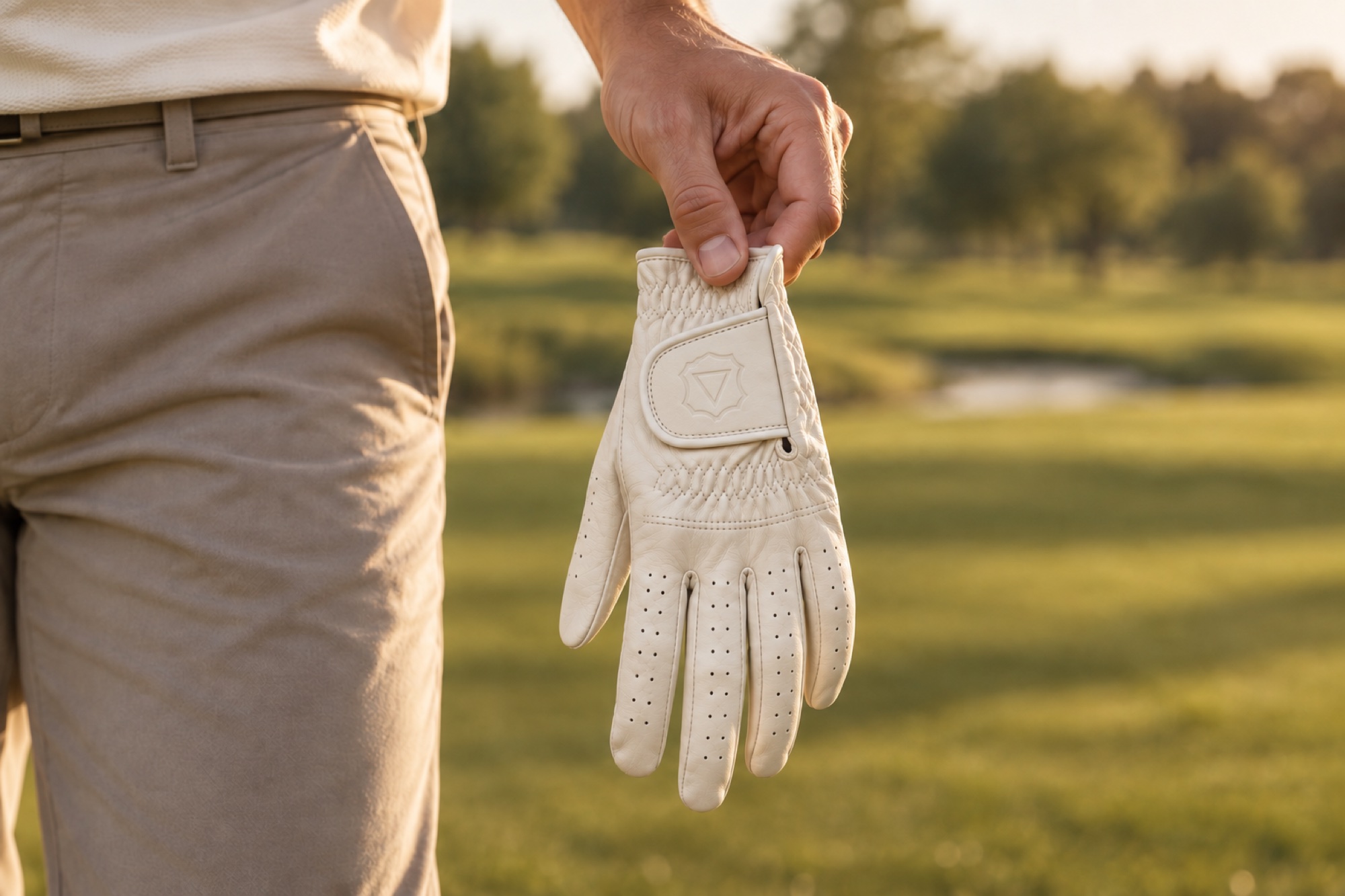 A Vellum golf glove held in warm evening light on a course