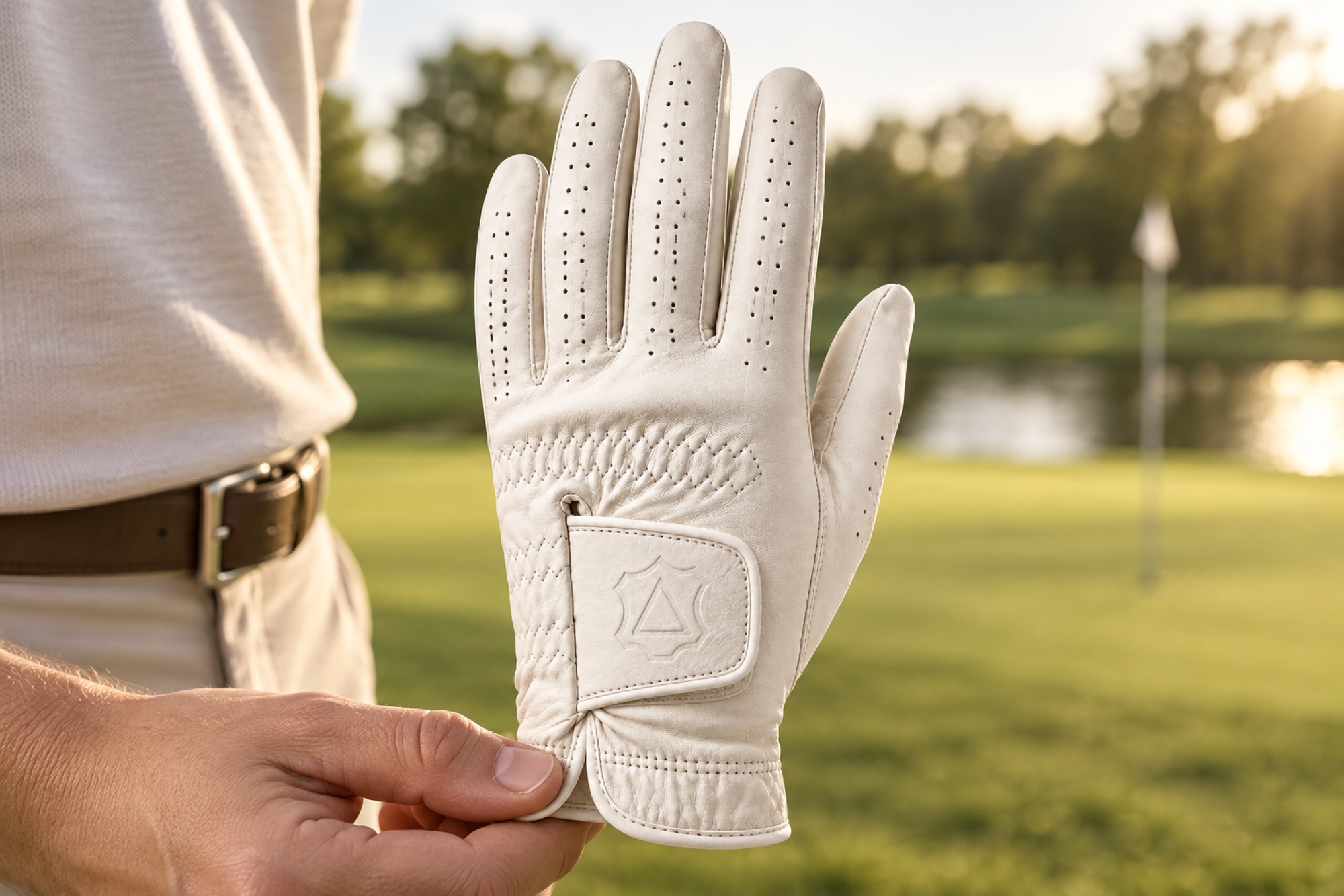 White Vellum golf glove worn on a golf course