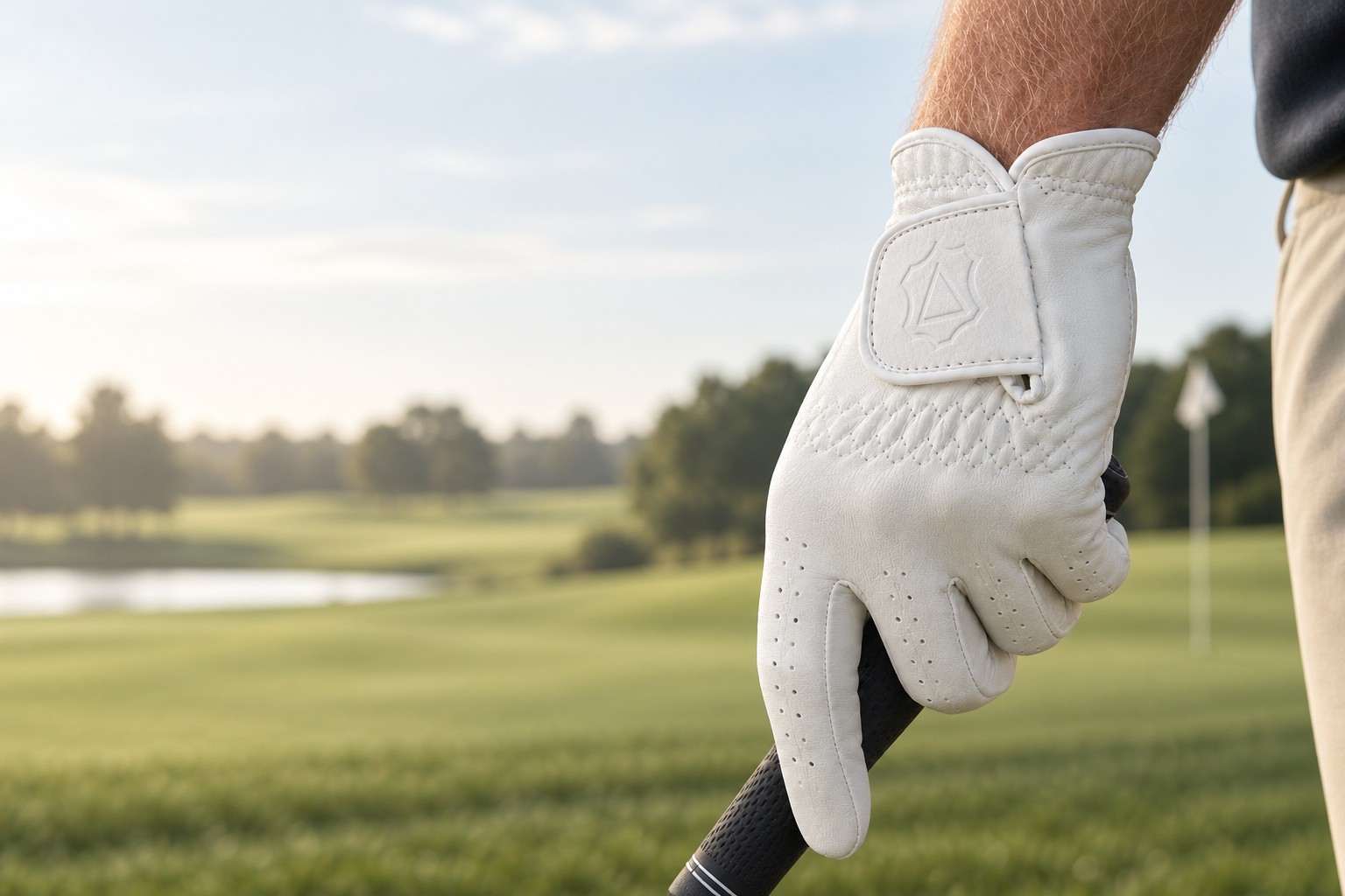 White Vellum golf glove holding a club against a quiet fairway